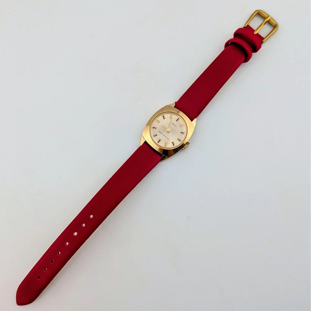Vintage Timex Manual Wind Women's Gold Tone Cushion Case Watch Red Strap 24mm